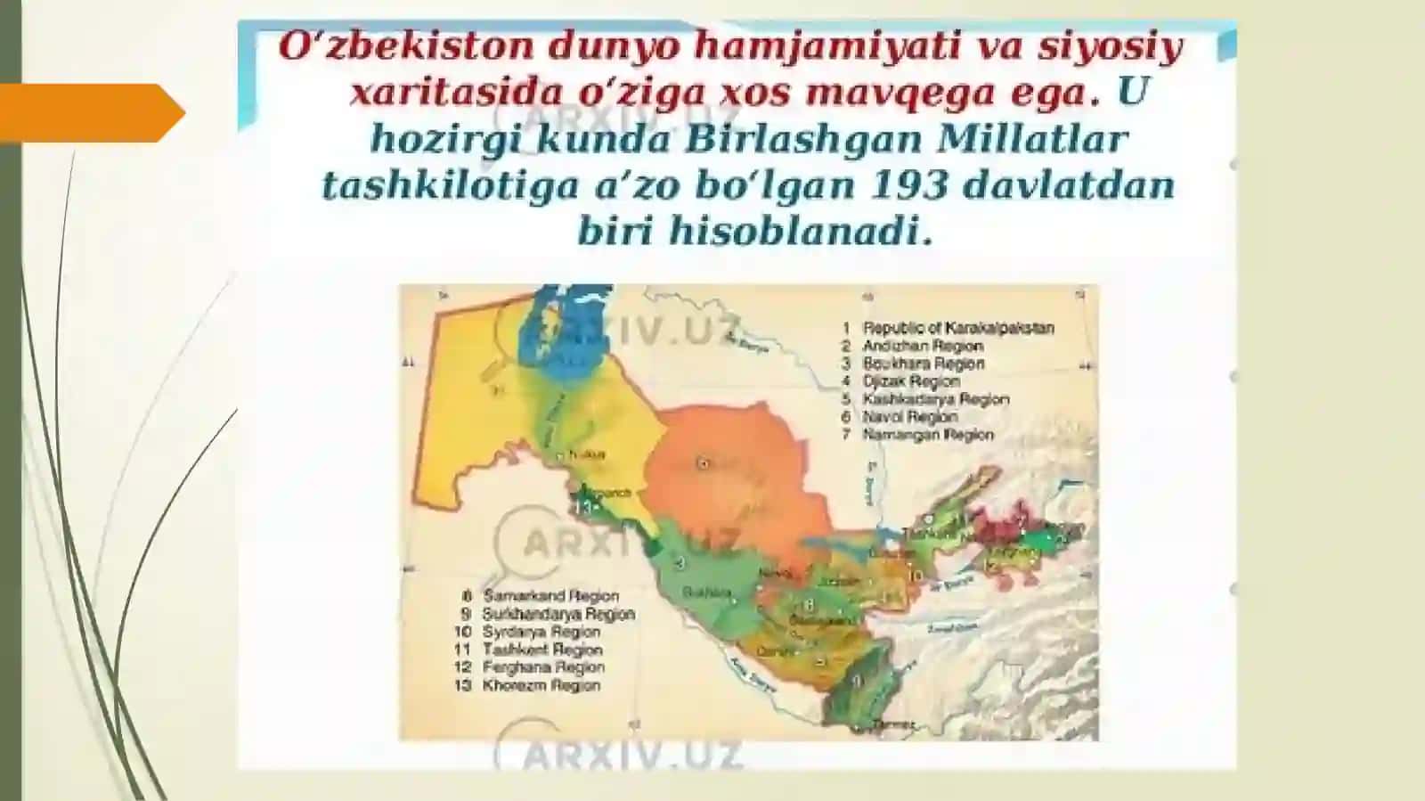 O’zbekistonning jahon siyosiy xaritasidagi o’rni va ma’muriy hududiy tuzilishi 4