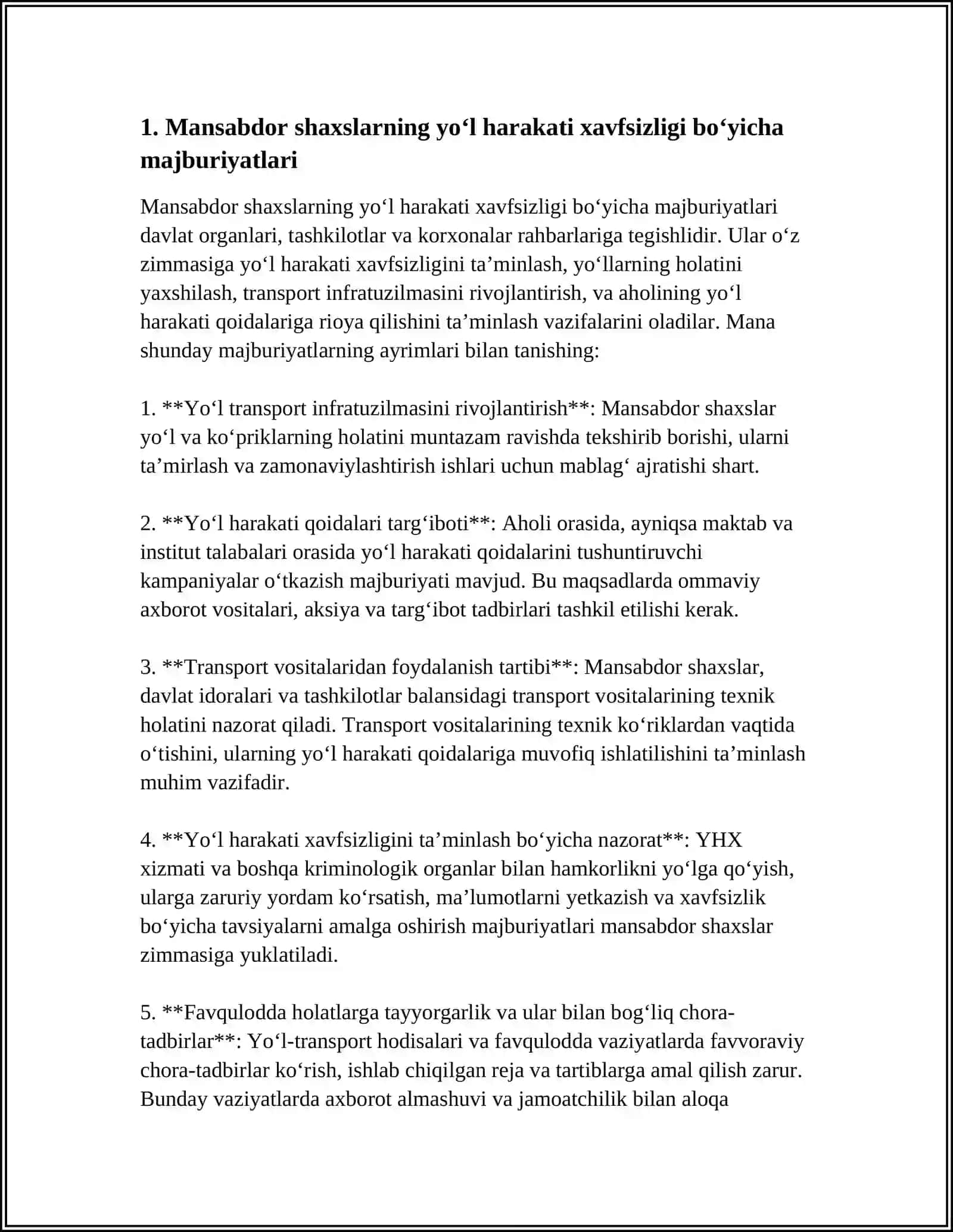 MANSABDOR SHAXSLARNING VA FUQAROLARNING YOʻL HARAKATI XAVFSIZLIGINI TAMINLASH, BOʻYICHA MAJBURIYATLARI 4