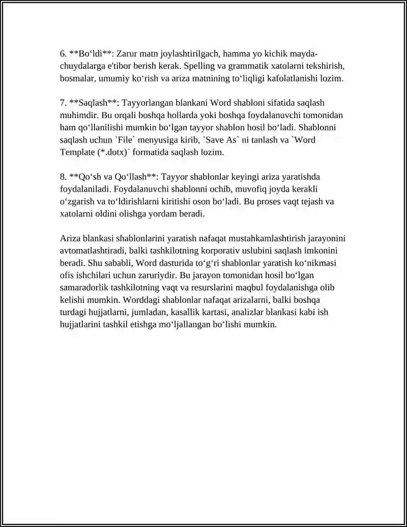 Word Matn Taxrirlagichida Turli Xil Blankalar Yaratish Ariza, Kasallik Kartasi, Analizlar Blankasi 4