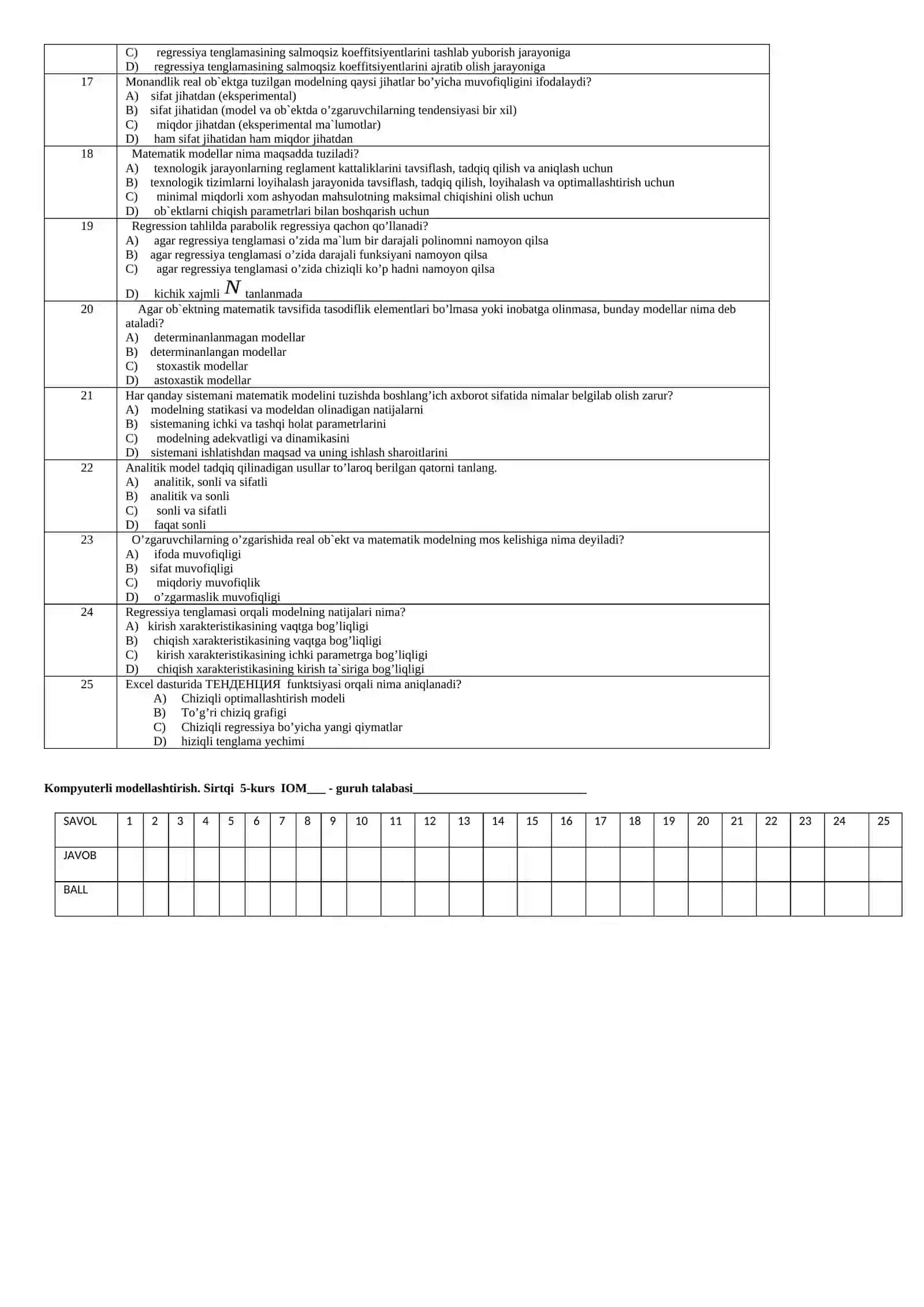 Kompyuterli modellashtirish fanidan testlar 4