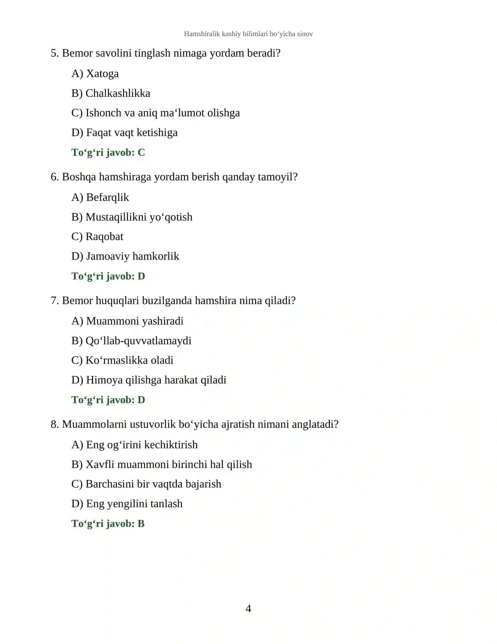 Hamshiralik kasbiy bilimlari bo‘yicha sinov 4