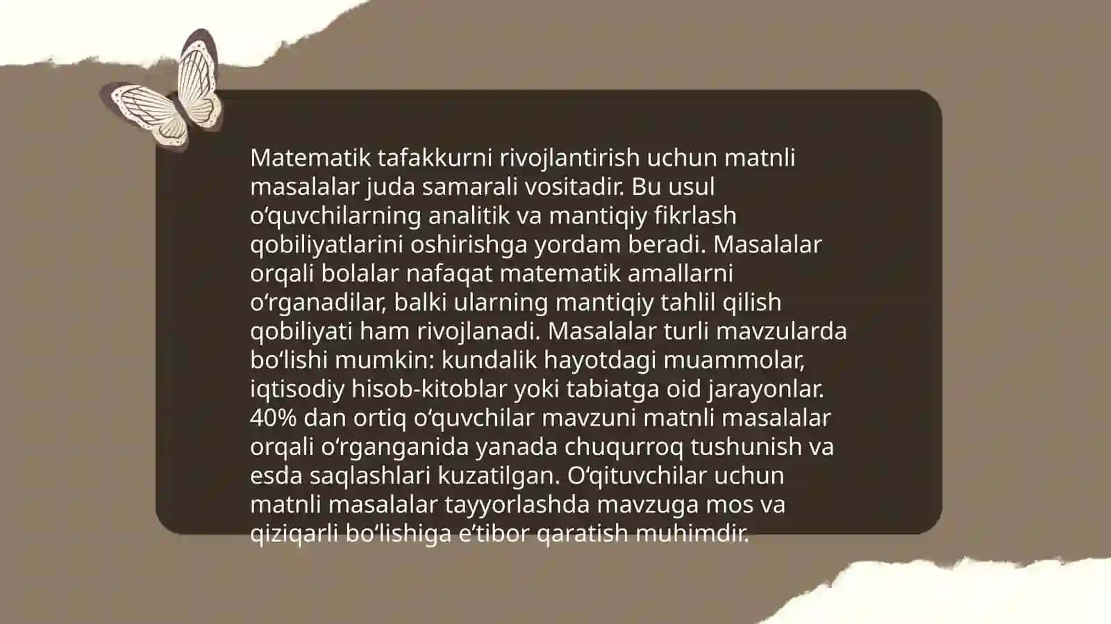Matematikani o'qitishda masalalarni o'rni va roli, o'quvchilarni matnli masalalar yechishga o'rgatish metodikasi 4