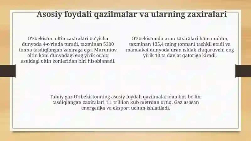 Oʻzbekistonning foydali qazilmalari haqida taqdimot tayyorlash va xaritada belgilash 4