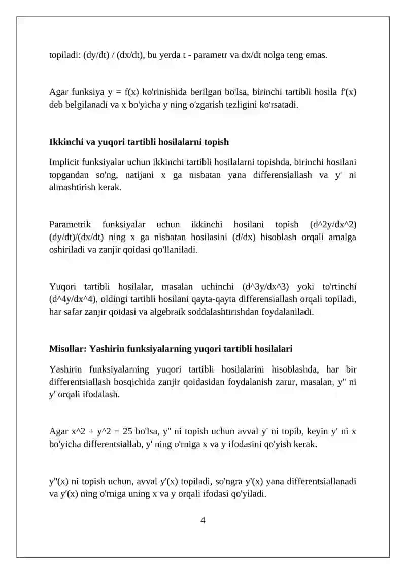 Yashirin va Parametrik Ko‘rinishda Berilgan Funksiyalarning Yuqori Tartibli Hosilalari 4
