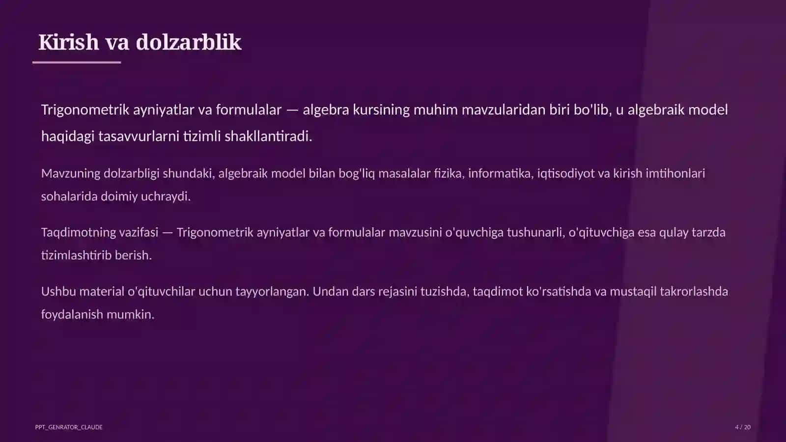 Trigonometrik ayniyatlar va formulalar (10-sinf) 4