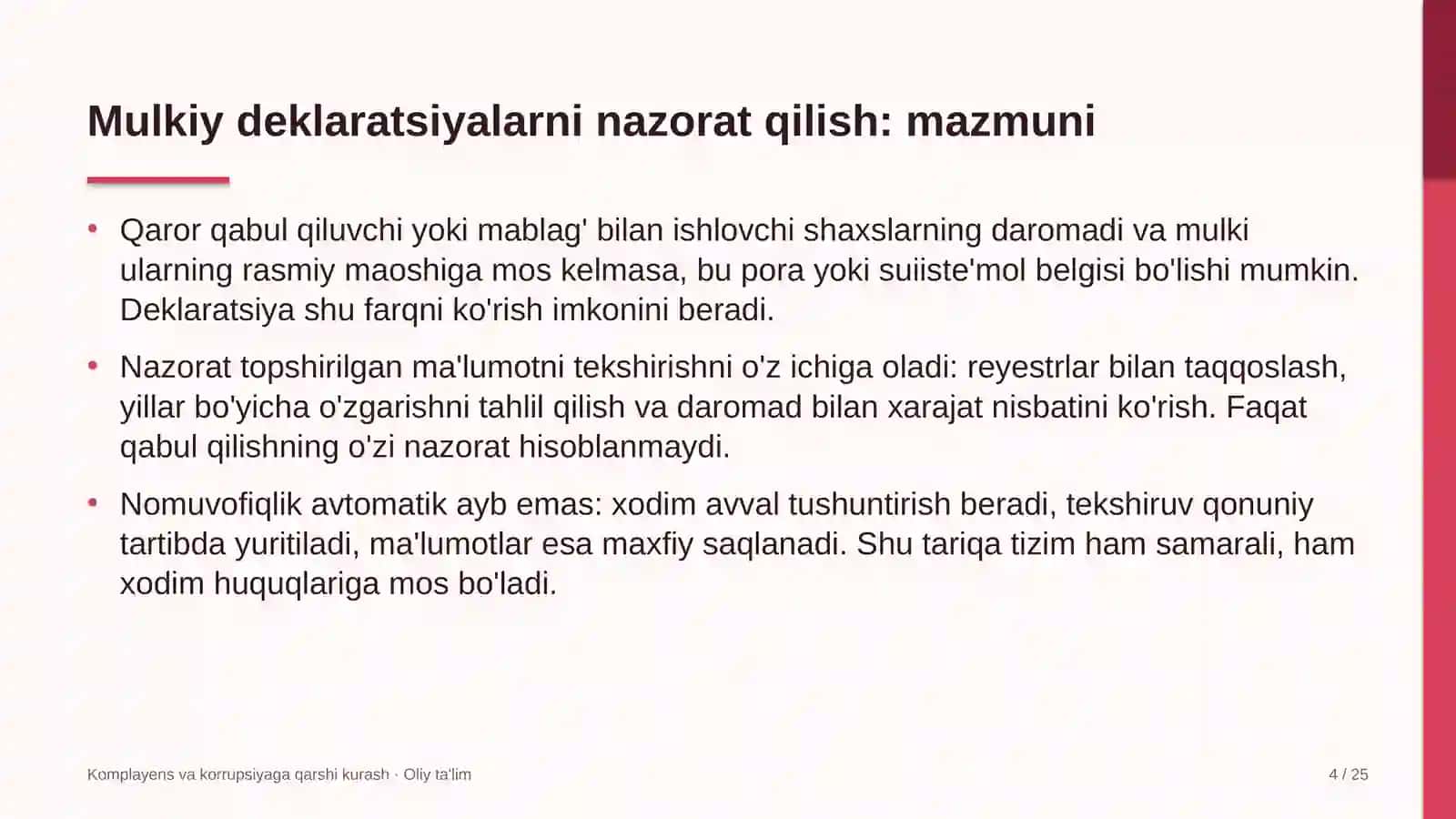 Komplayens va korrupsiyaga qarshi kurash · Oliy ta'lim 4
