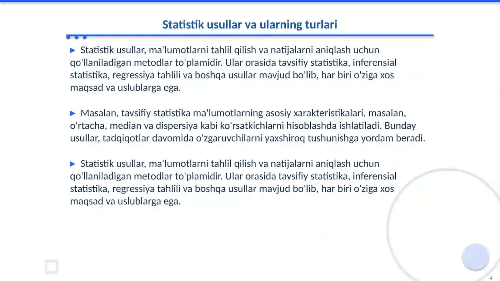 Modifikatsion o'zgaruvehanlikni statistik usulda o'rganishga oid masala va mashqlar tuzish hamda yechish metodikasi 4