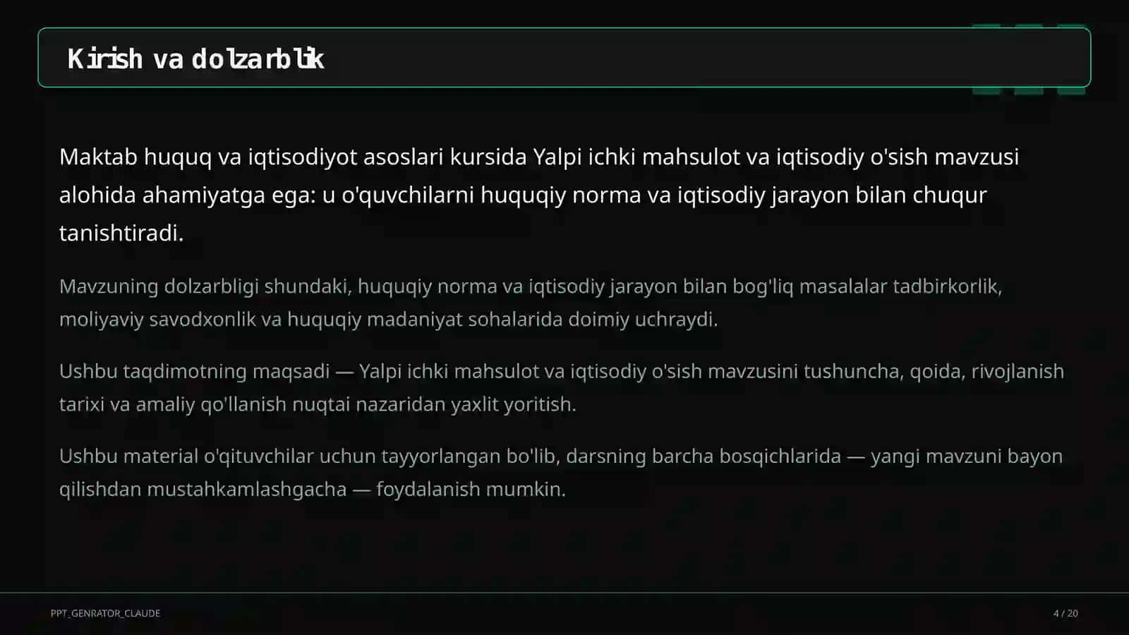 Huquq va iqtisodiyot asoslari (9–11) — o'qituvchilar uchun 4