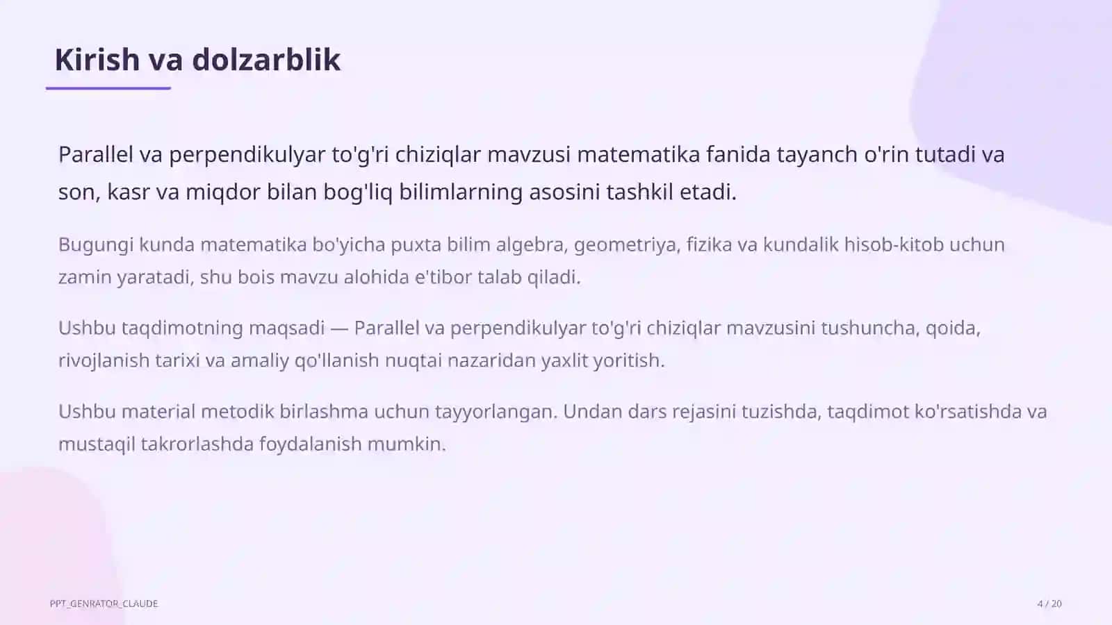 Parallel va perpendikulyar to'g'ri chiziqlar (6-sinf) 4