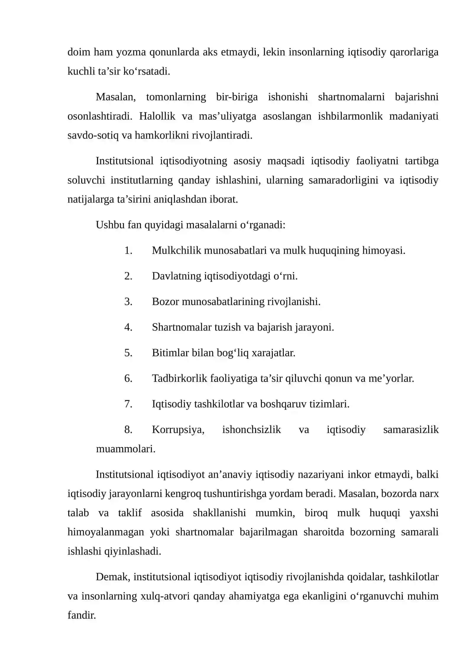 INSTITUTSIONAL IQTISOD FANIGA KIRISH. FANNING MOHIYATI, TARKIBI, SABABLARI VA OQIBATLARI 4