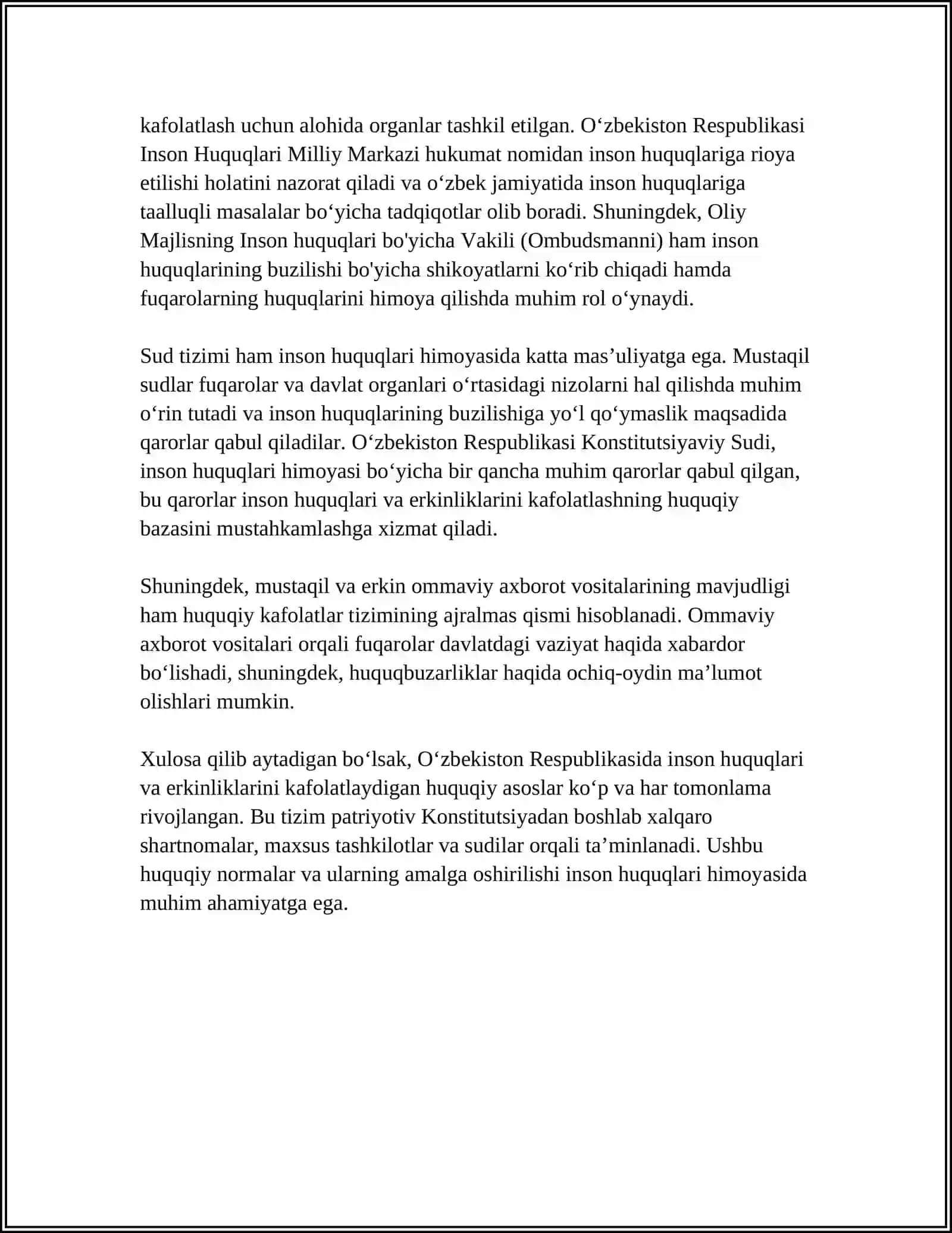 YANGI O'ZBEKISTONDA INSON HAQ HUQUQLARI VA ERKINLIKLARI KAFOLATINING YARATILISHI 4