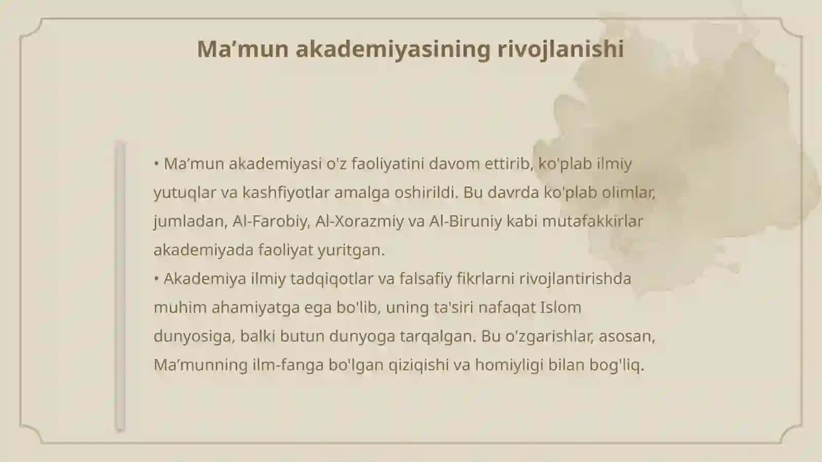Maʼmun akademiyasining yuzaga kelishida qaysi mutafakkirning ilmiy - ijodiy faoliyati katta ahamiyatga ega boʻlganligini tavsiflab bering 4