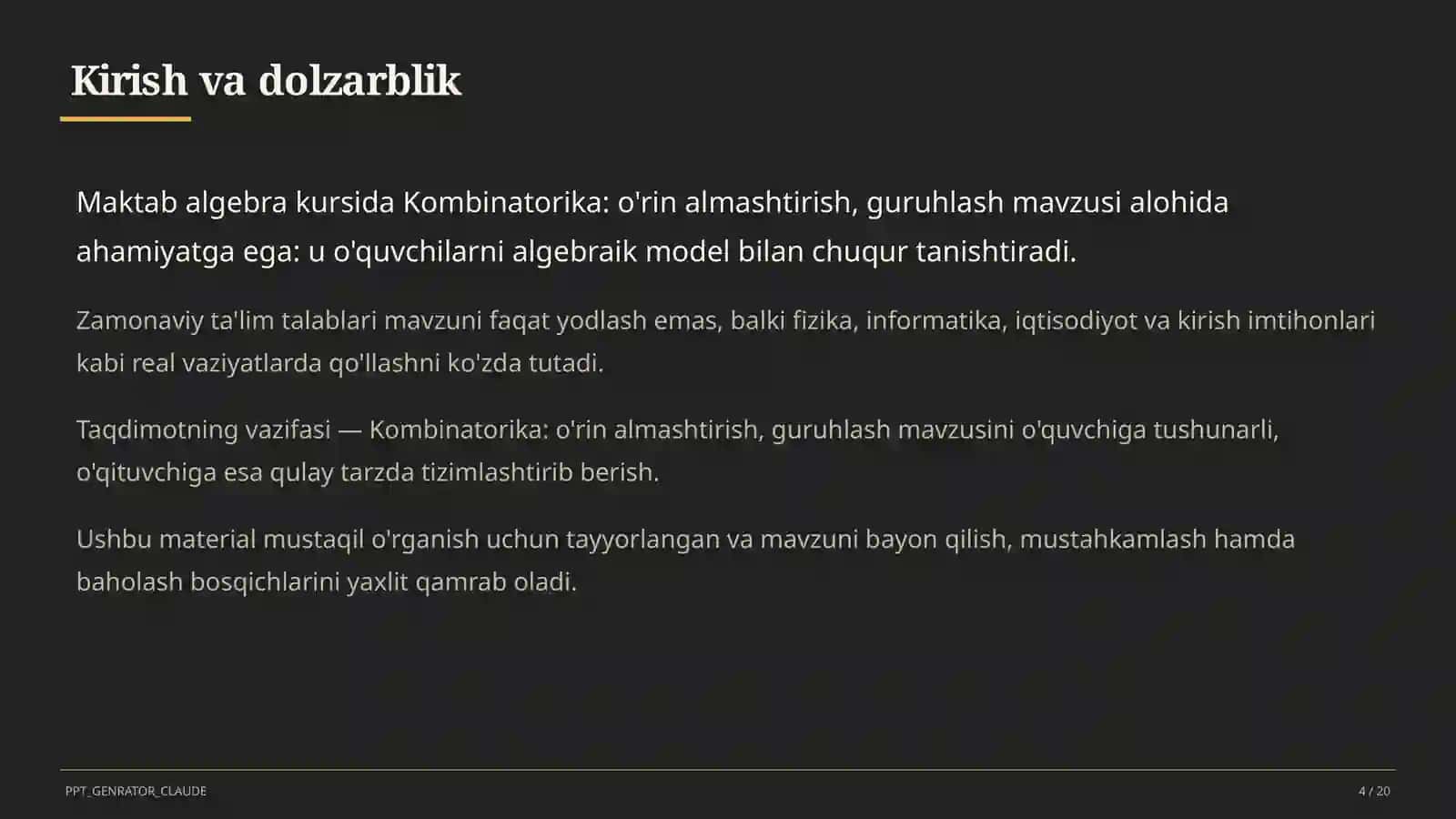 Kombinatorika: o'rin almashtirish, guruhlash (9-sinf) 4