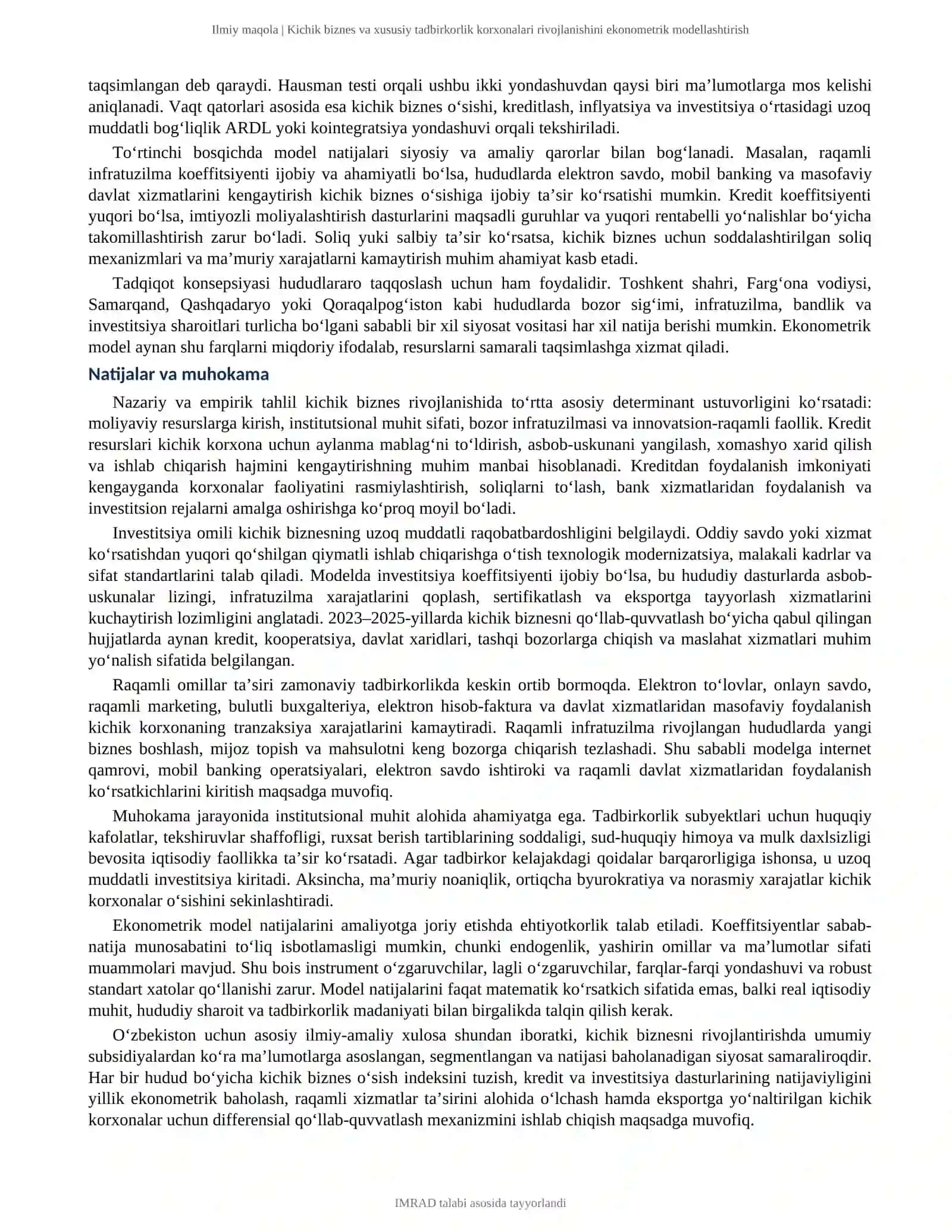 KICHIK BIZNES VA XUSUSIY TADBIRKORLIK KORXONALARI RIVOJLANISHINI EKONOMETRIK MODELLASHTIRISH 4