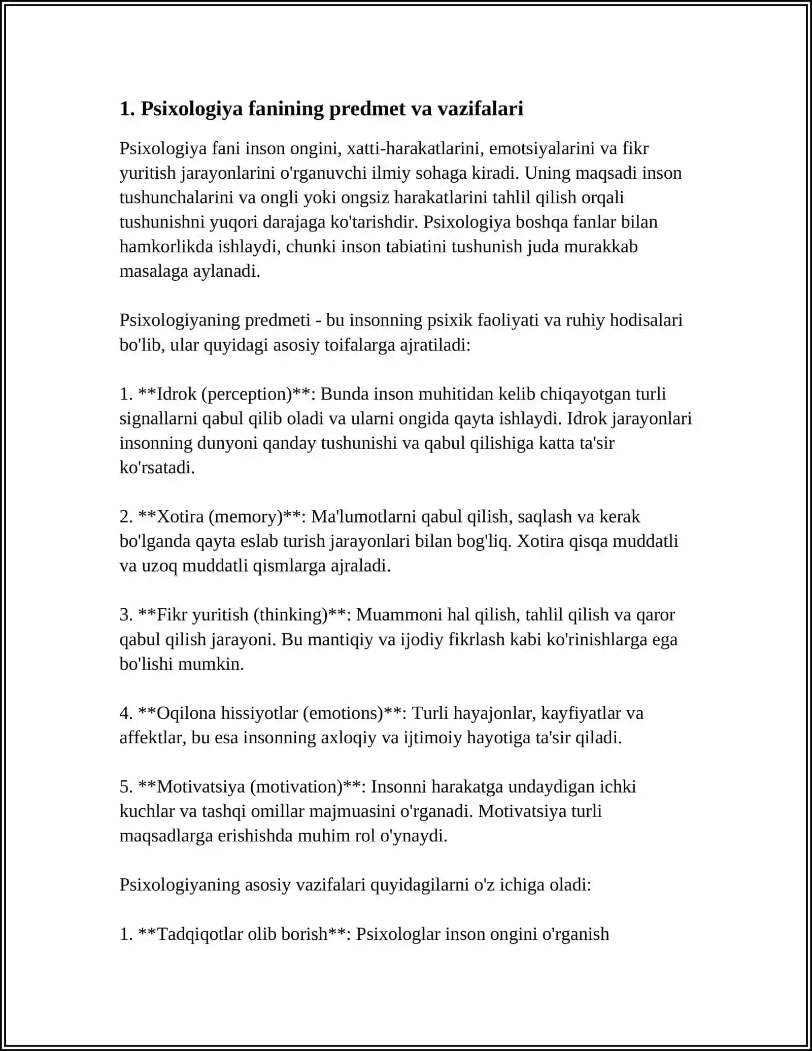 PSIXOLOGIYA FANNING PREDMETI PSIXIKA HAQIDA TUSHUNCHA PSIXIKA TARAQIYOT BOSQICHLARI HOZIRGI ZAMON PSIXOLOGIYASINING METODLARI 4