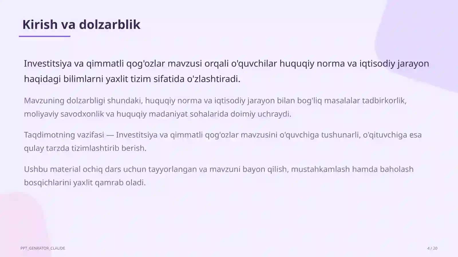 Huquq va iqtisodiyot asoslari (9–11) — ochiq dars uchun 4