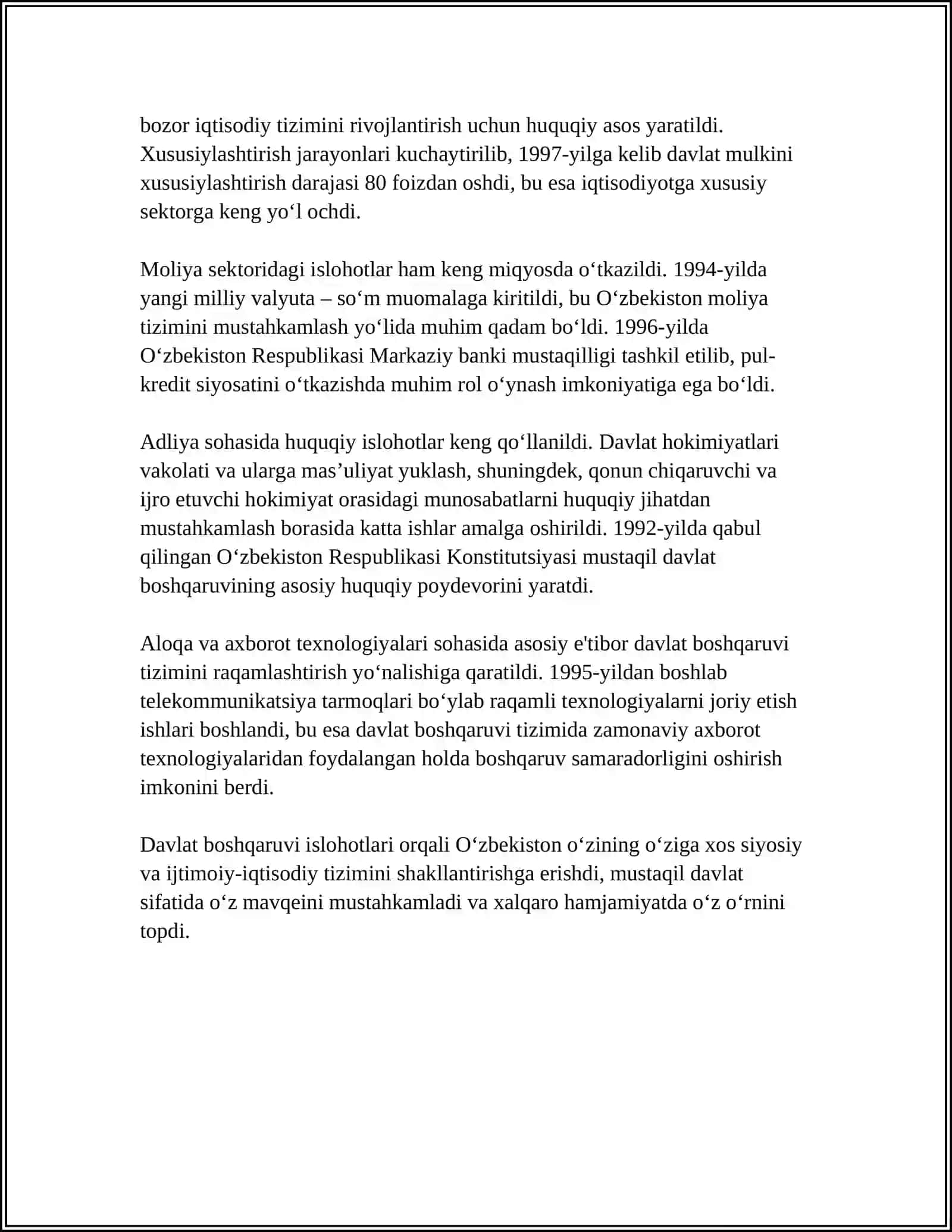 MUSTAQIL ISH Mavzu: ÒZBEKISTONDA MUSTAQILIK YILLARIDA DAVLAT BOSHQARUVI TIZIMIDAGI ISLOHOTLAR 4