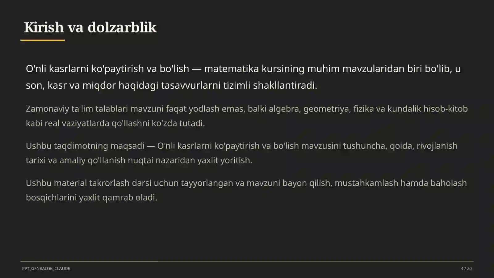 O'nli kasrlarni ko'paytirish va bo'lish (5-sinf) 4