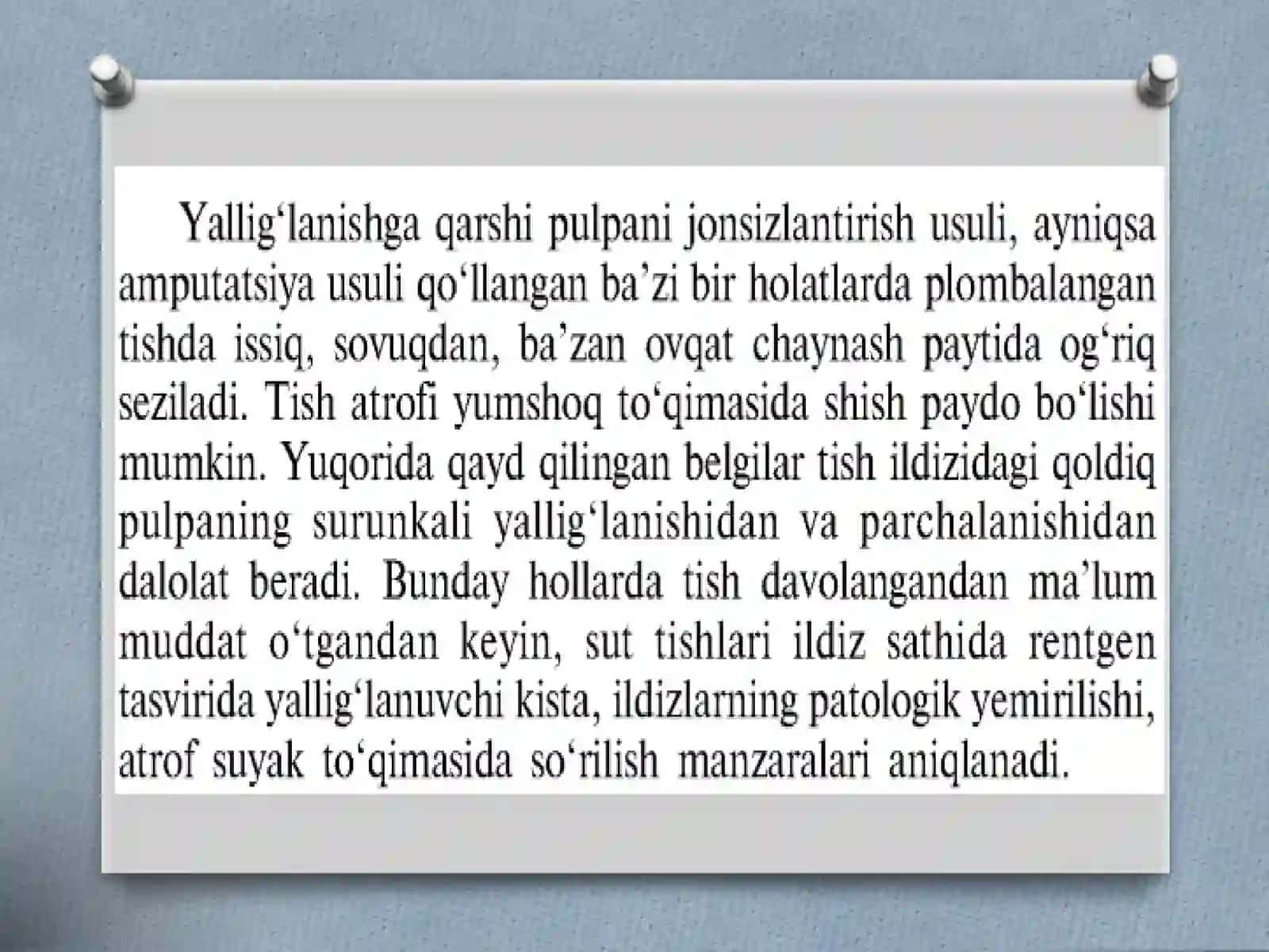 Pulpitlarni davolashdan so’ng (davomiy vaqtdan keyin) yuzaga keluvchi asoratlar. 4