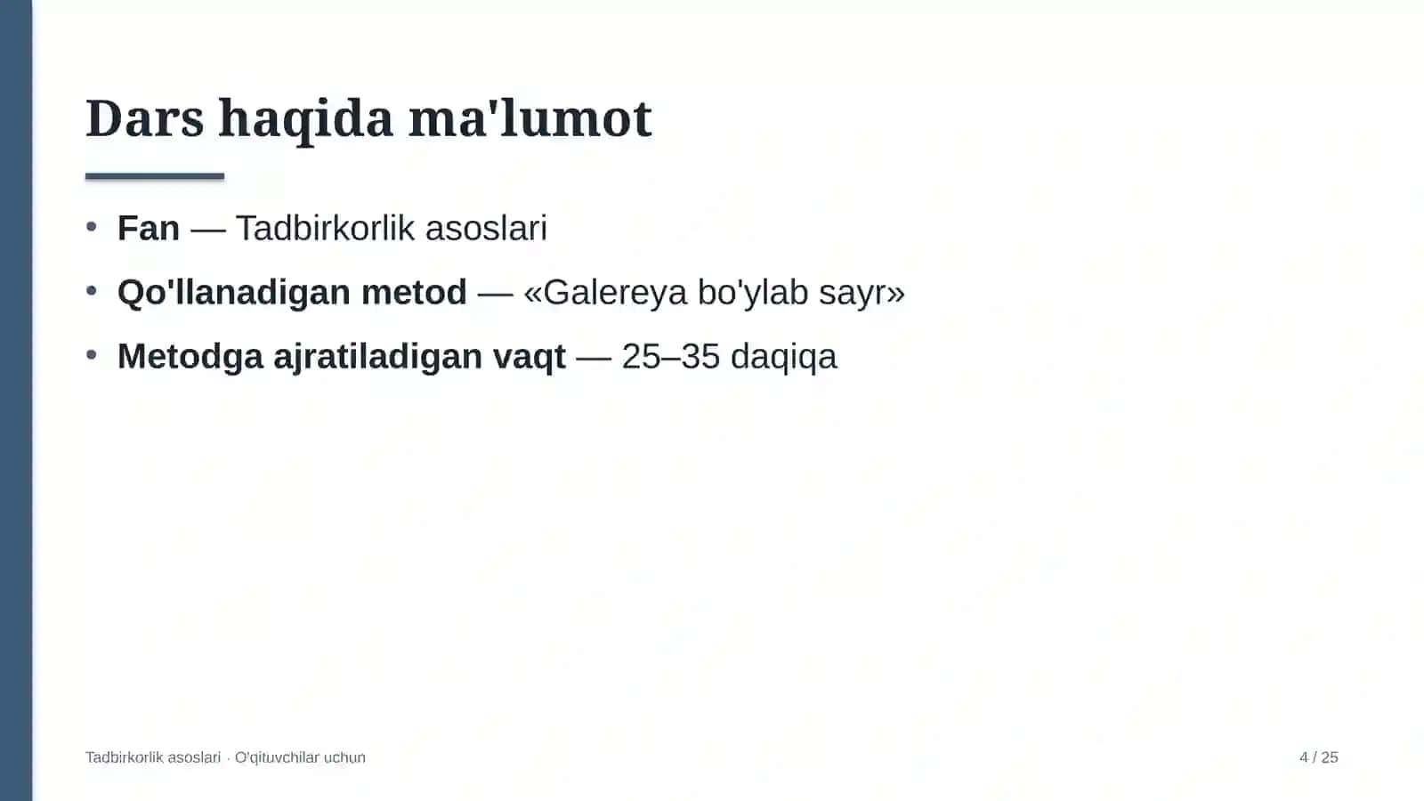 tadbirkorlik asoslari darslarida galereya bo'ylab sayr metodidan foydalanish 4148 4