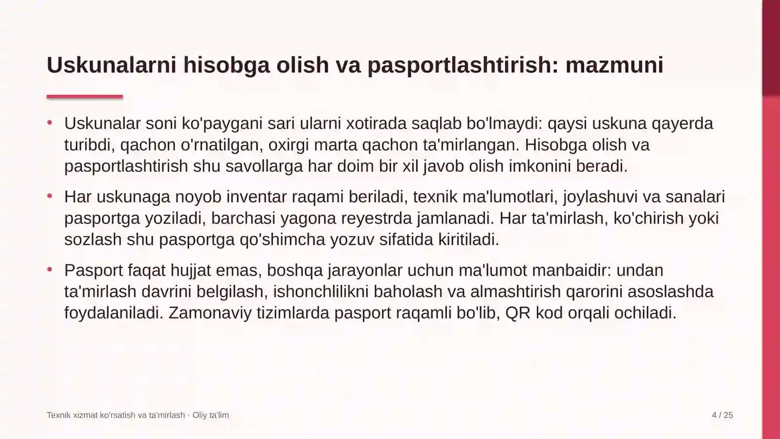Arxitektura byurolarida uskunalarni hisobga olish va pasportlashtirish 4
