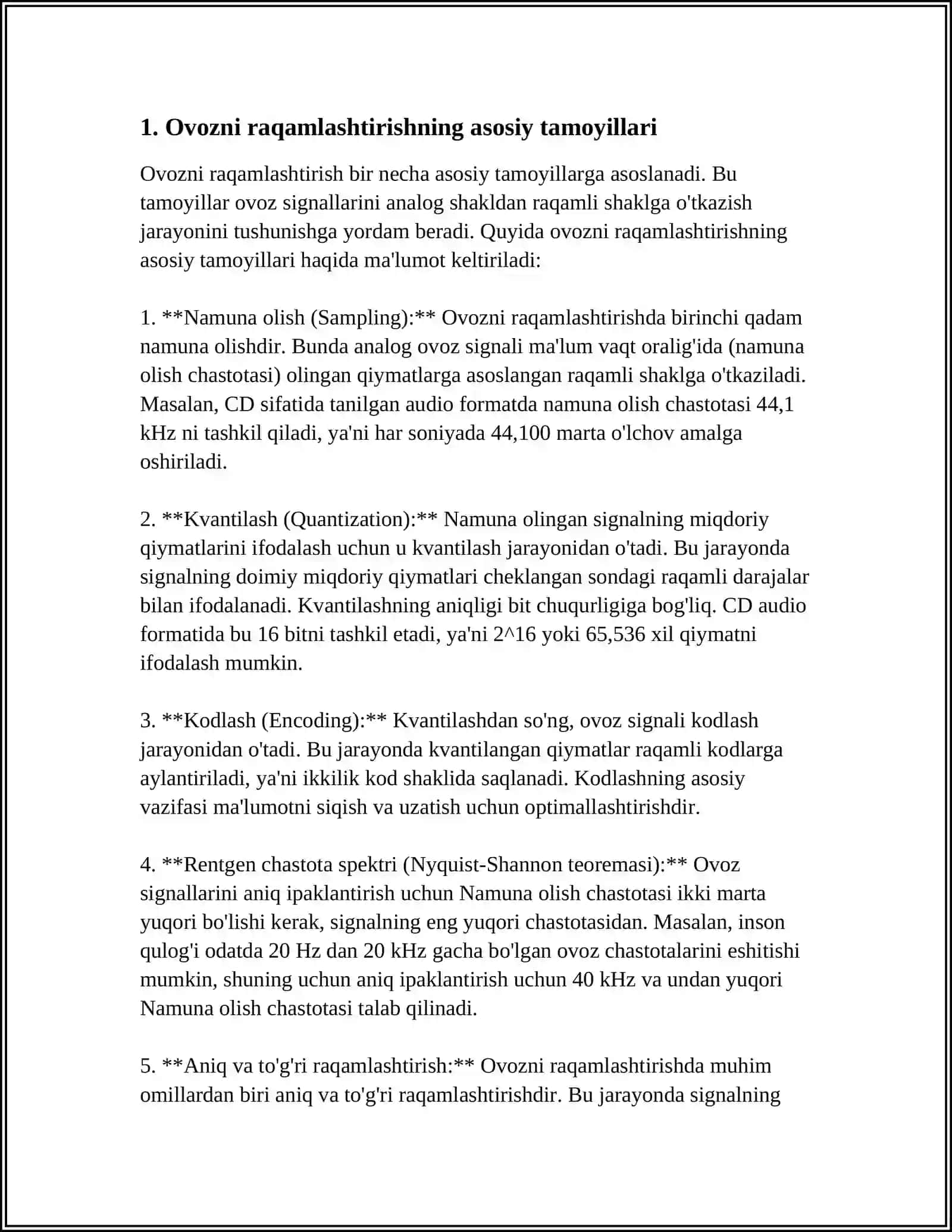KOMPYUTERDAGI TOVUSHLI MA'LUMOTLARNING XILMA-XILLIGI(OVOZNI RAQAMLASHTIRISH. SINTEZLANGAN TOVUSH. OVOZNI SIQISH. OVOZNI QABUL QILISH VA TAKRORLASH QURILMALARI) 4