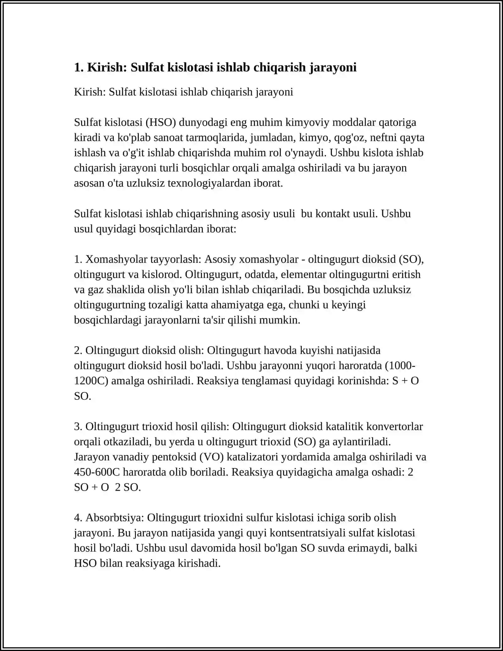 SULFAT KISLOTA ISHLAB CHIQARISHI UCHUN ZARUR BO'LGAN OLTINGUGURTNING SARFLANISH MIGDORI 4
