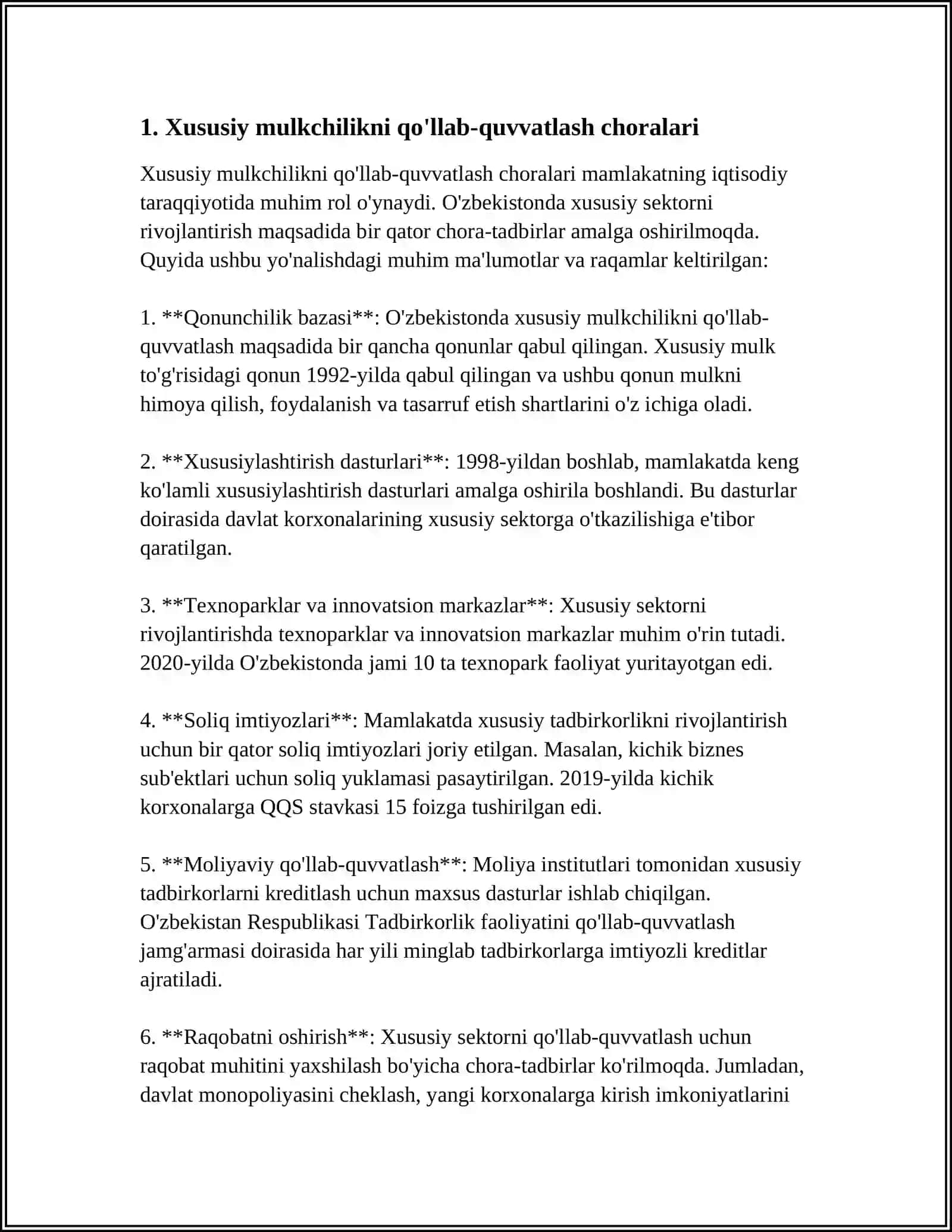 XUSUSIY MULKCHILIK TARMOGʻINI KENGAYTIRISH-MAMLAKATIMIZDA IQTISODIY ISLOHATLARNI CHUQURLASHTIRISHNING ENG MUHIM USTUVOR YOʻNALISHLARIDAN BIRI 4
