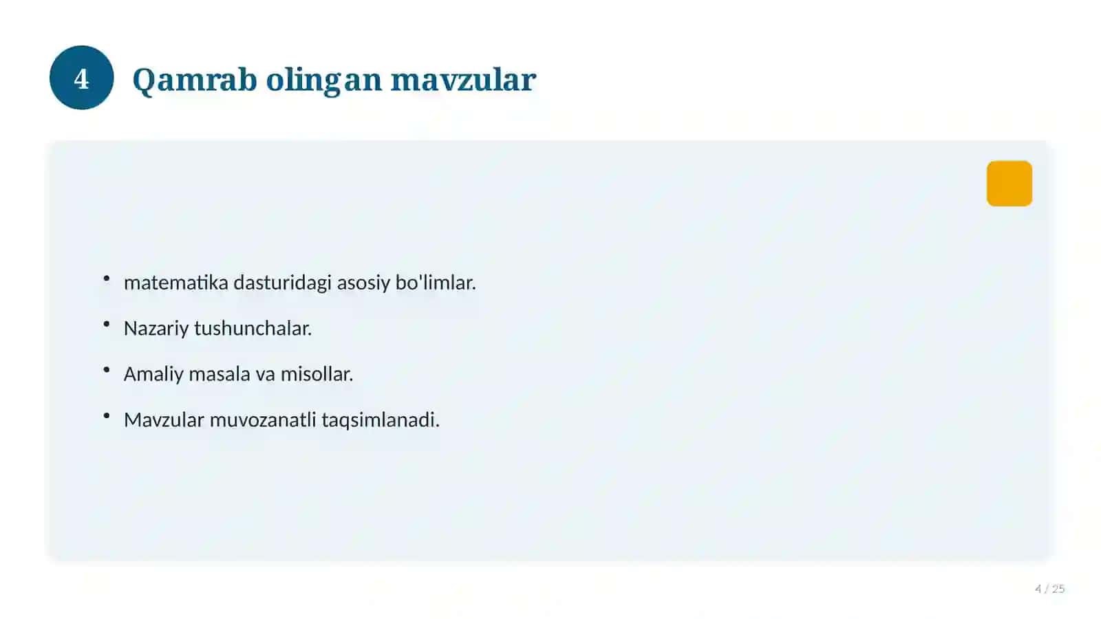 Tuzilishi va tayyorgarlik · To'liq (25 slayd) 4