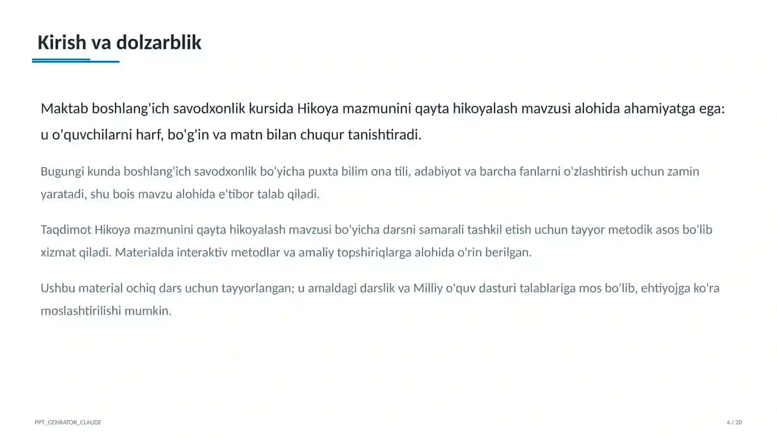 Ona tili va o'qish (1–4) — ochiq dars uchun 4
