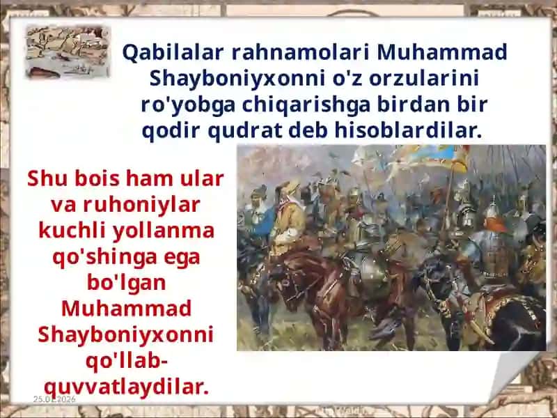 Movarounnahrda Shayboniylar sulolasi hokimiyatining o'rnatilishi Shayboniyxon hokimiya­tining kuchayishi 4