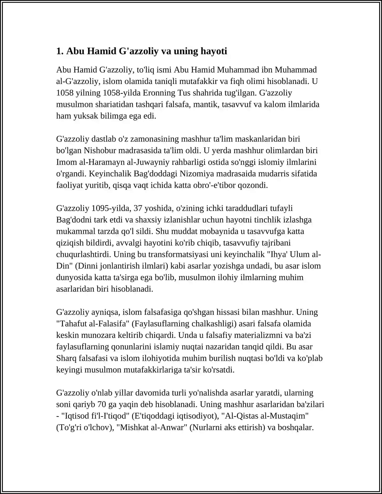 TALABASI ARZIQULOVA SARVINOZNING DINSHUNOSLIK FANIDAN GʻAZZOLIYNING "MUKOSHAFATUL QULUB "ASARI ASOSIDA YOZGAN ESSEYI 4
