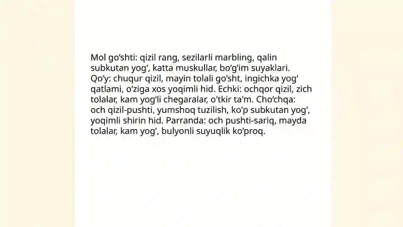 GO‘SHT MAHSULOTLARINING TASHQI BELGILARINI O‘RGANISH VA ULARNI TASNIFLASH (ZOT, KELIB CHIQISH TARIXI) 4