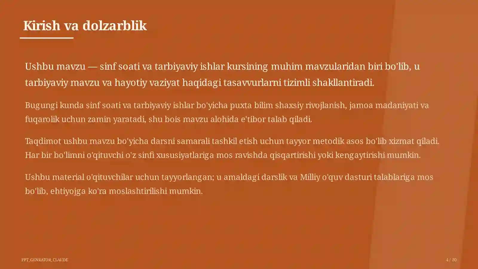 Sinf soati va tarbiyaviy tadbirlar (1–11) — o'qituvchilar uchun 4