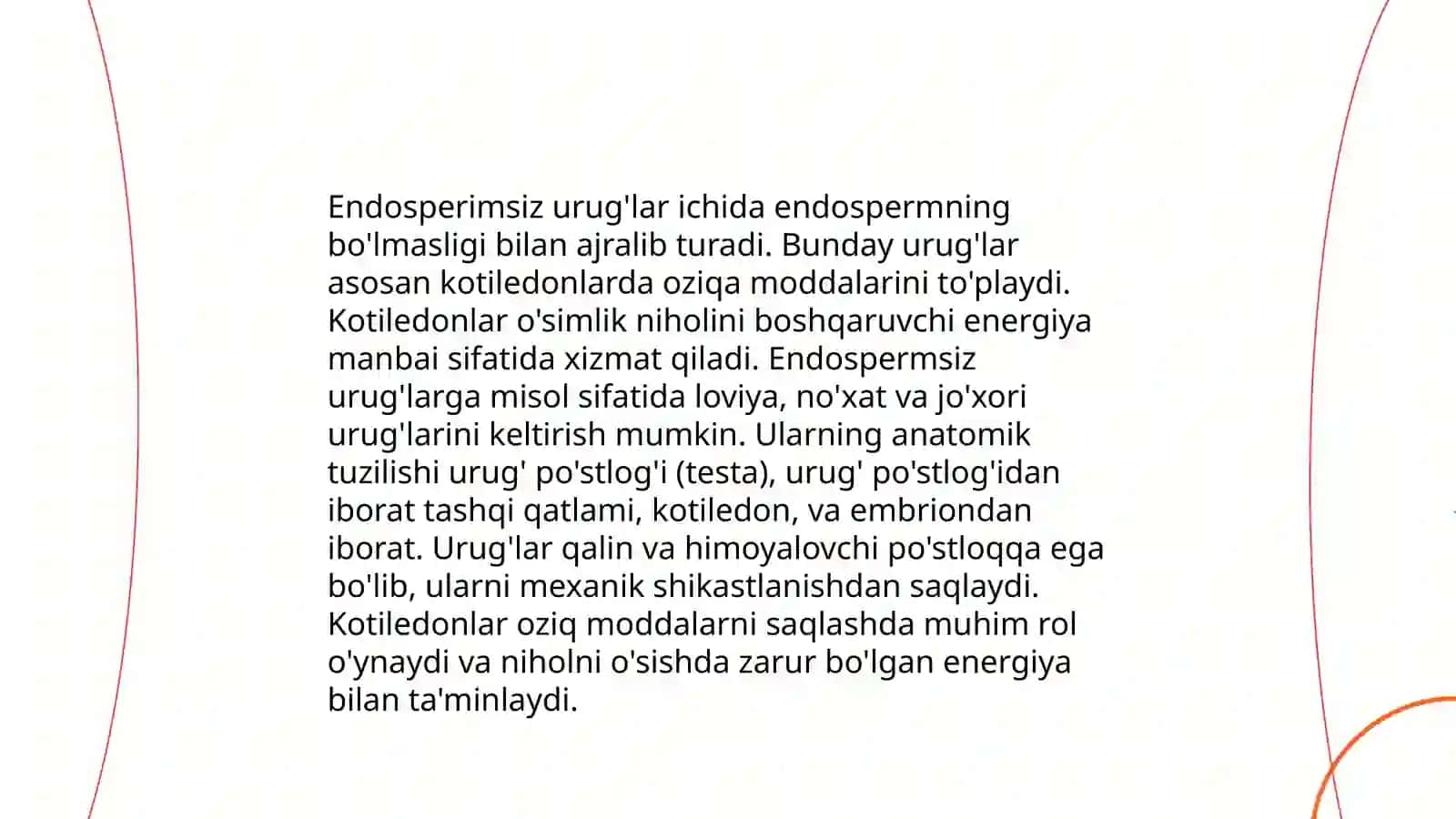 Endospermsiz, endosperimli va perispirimli urug'larning tuzilishi va ularning unishi 4