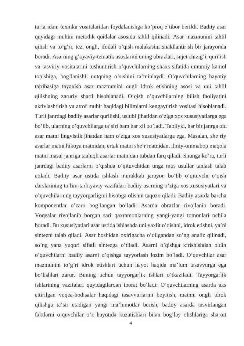 O‘qish va asar matni ustida ishlash uchun beriladigan vazifalar 4