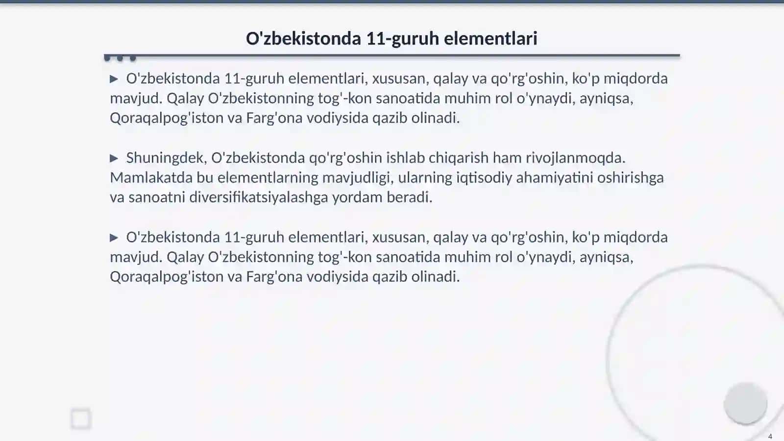 11-guruh elementlarining O'zbekistonda va dunyoda tarqalishi 4