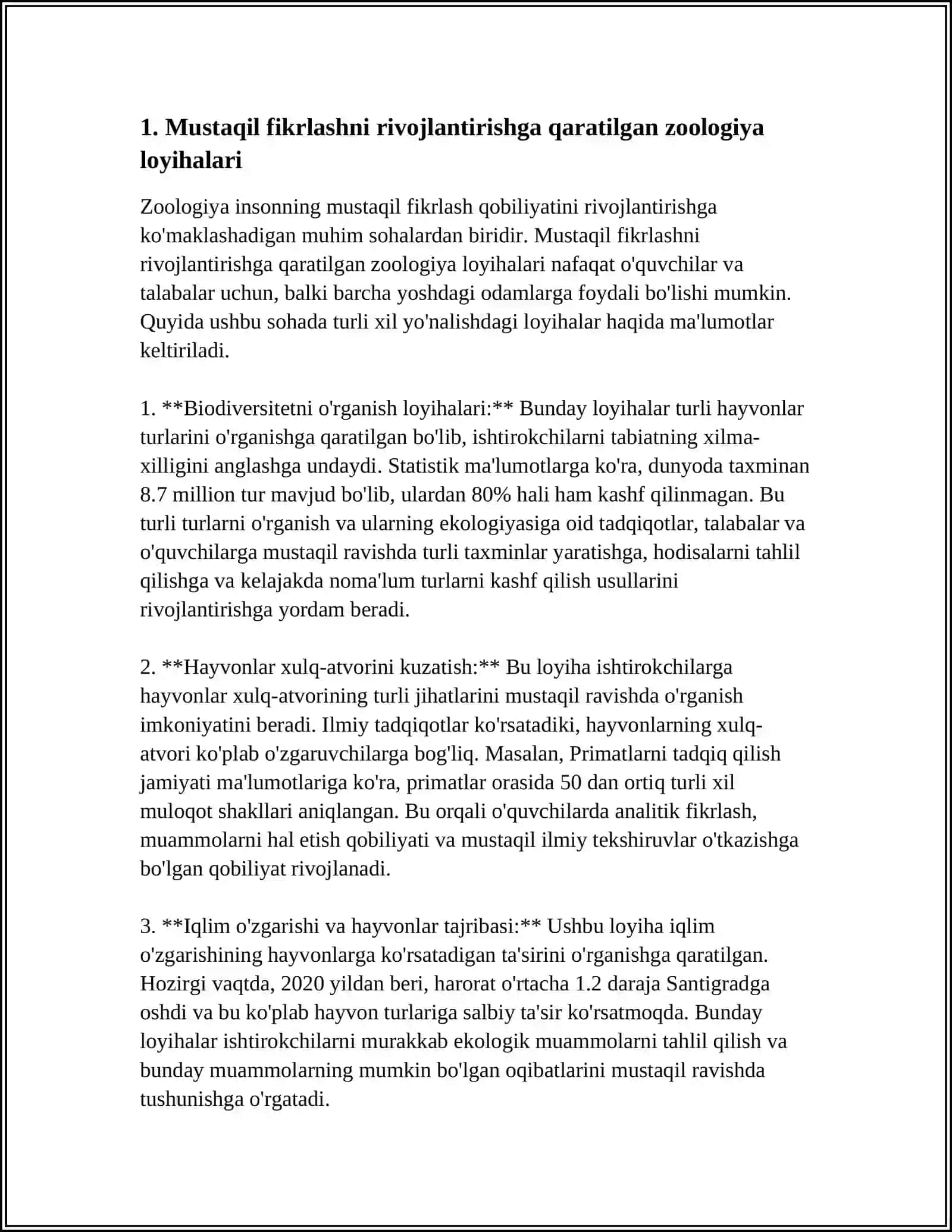 ZOOLOGIYANI OʻQITISHDA OʻQUVCHILARNI MUSTAQIL VA IJODIY FIKR YURITISH KOʻNIKMALARINI TARKIB TOPTIRISH YOʻLLARI 4