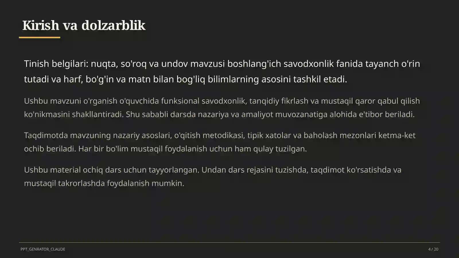 Boshlang'ich sinf: Ona tili va o'qish (1–4) — ochiq dars uchun 4