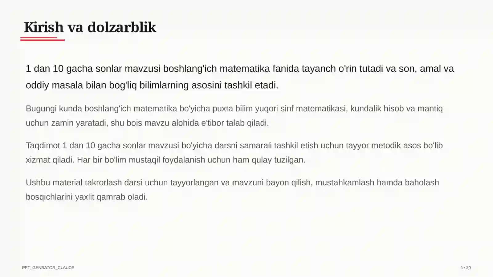 Matematika darsi 1-sinf uchun 4
