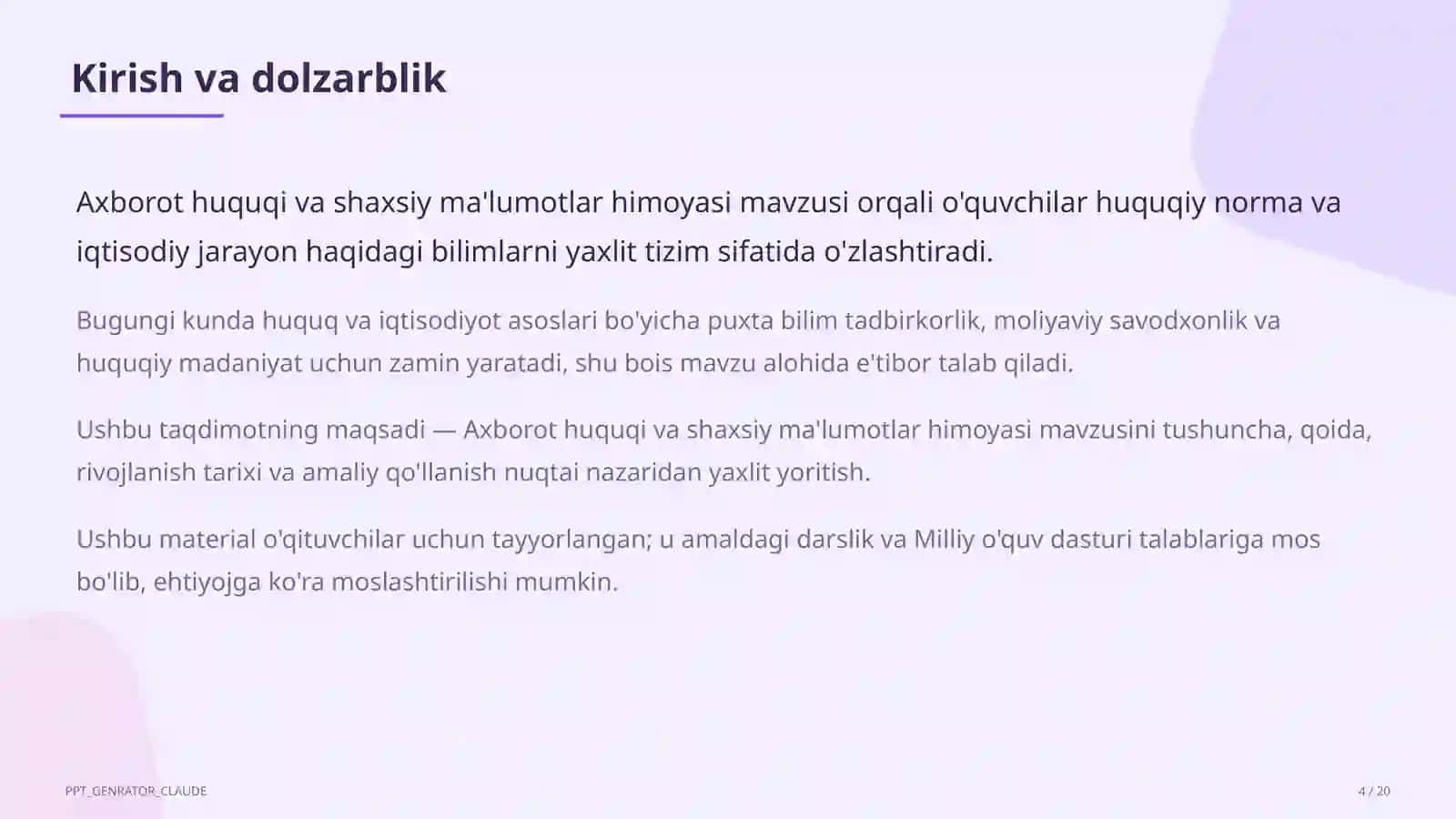 Huquq va iqtisodiyot asoslari (9–11) — o'qituvchilar uchun 4