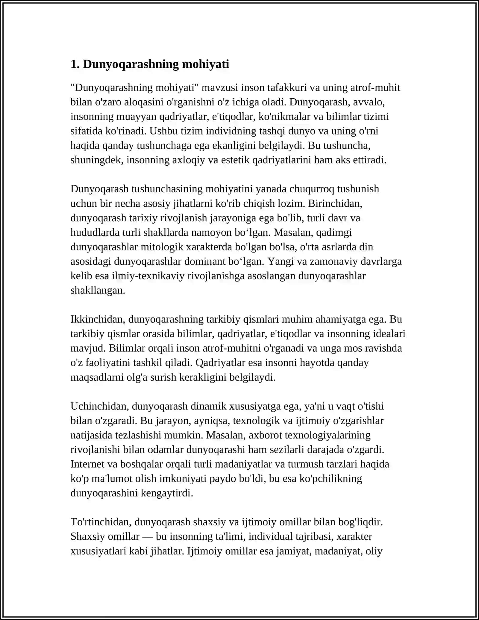 DUNYOQARASHNING MOHIYATI, TUZILISHI VA FUNKSIYALARI MAVZUSIDA ESSE TAYYORLASH 4