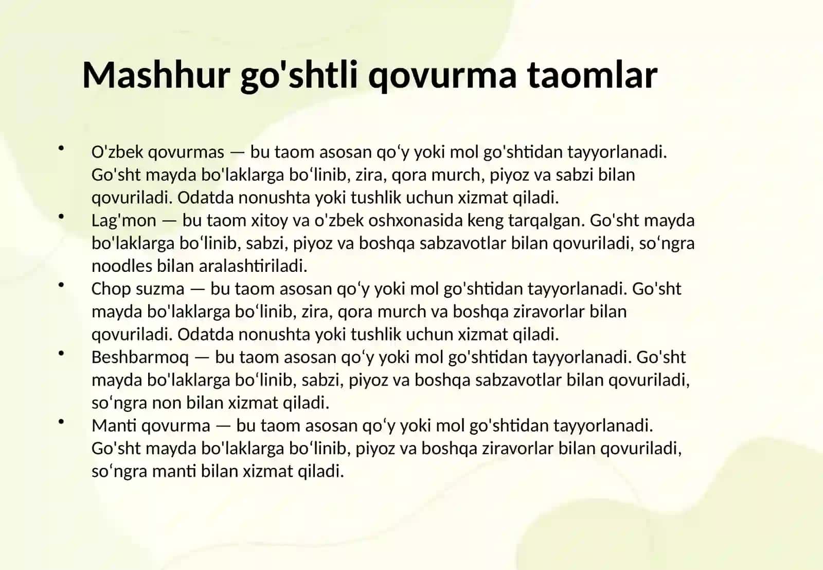 Go'shtni mayda bo'laklab qovurib tayyorlanadigan taomlar. Go'shtdan urvoqqa belab qovurib tayyorlangan taomlar. 4