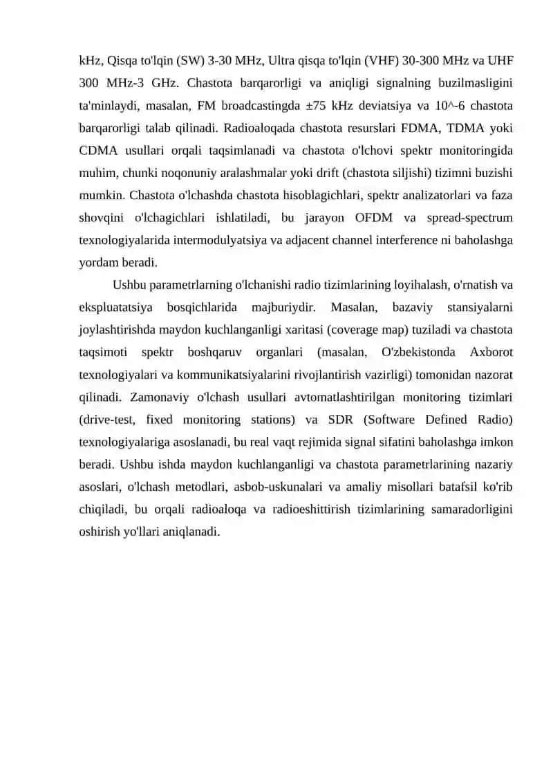 Radioaloqa va radioeshittirish tizimlarida signal xarakteristikalarini o‘lchash. Maydon kuchlanganligi, chastota 4