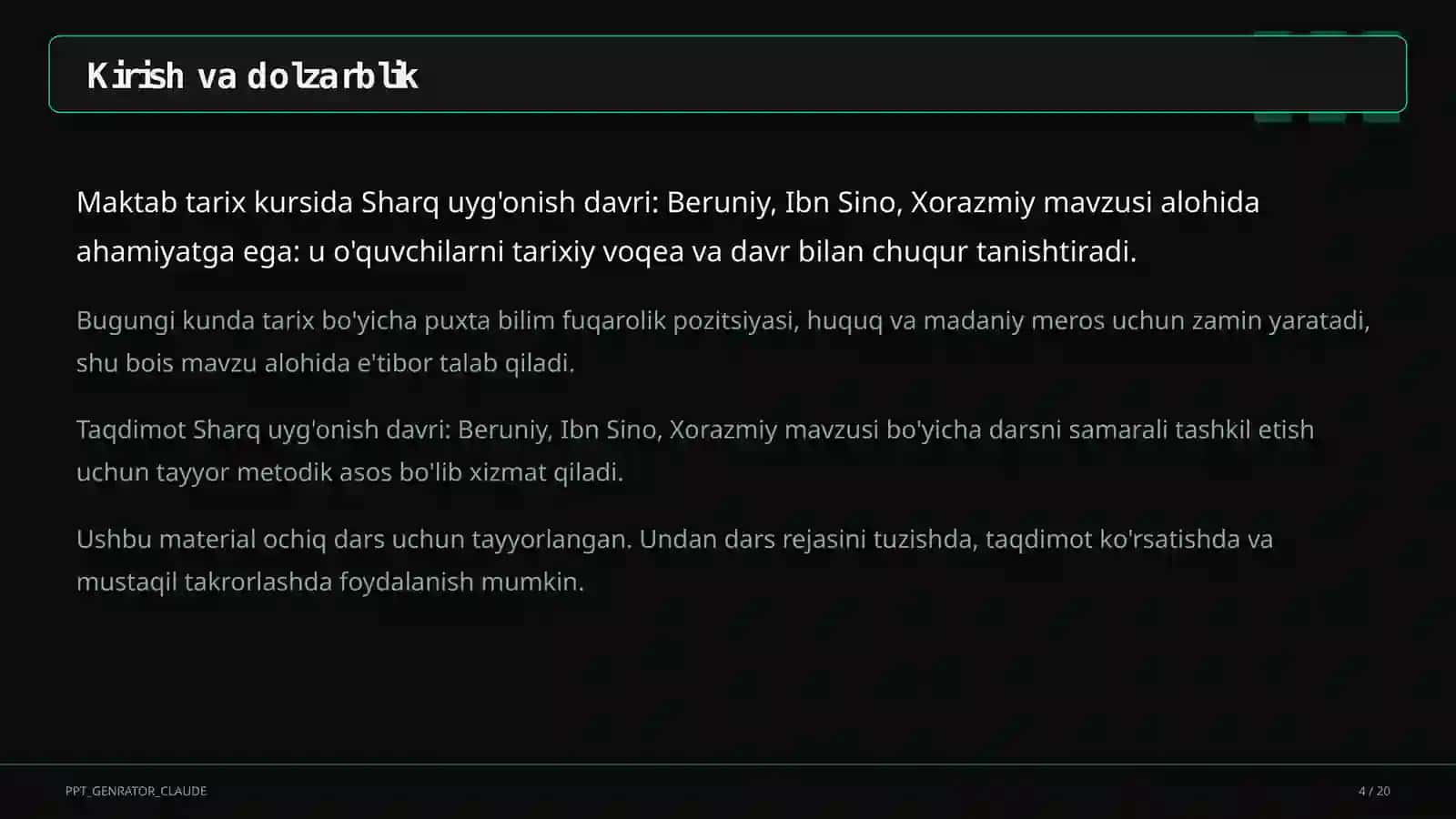 Sharq uyg'onish davri: Beruniy, Ibn Sino, Xorazmiy (7-sinf) 4