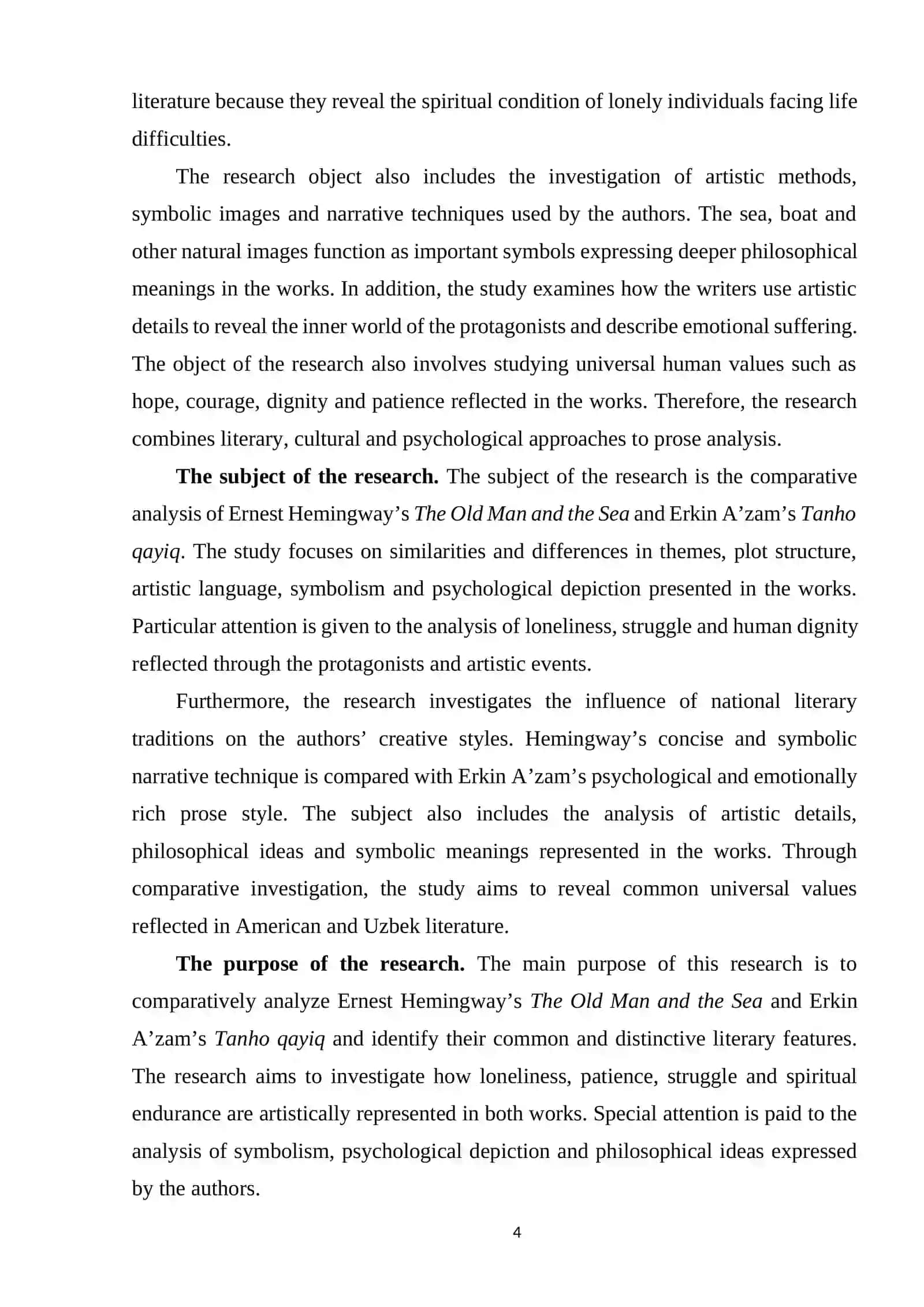 Comparative Analysis of Ernest Hemingway’s The Old Man and the Sea and Erkin A’zam’s Tanho qayiq 4