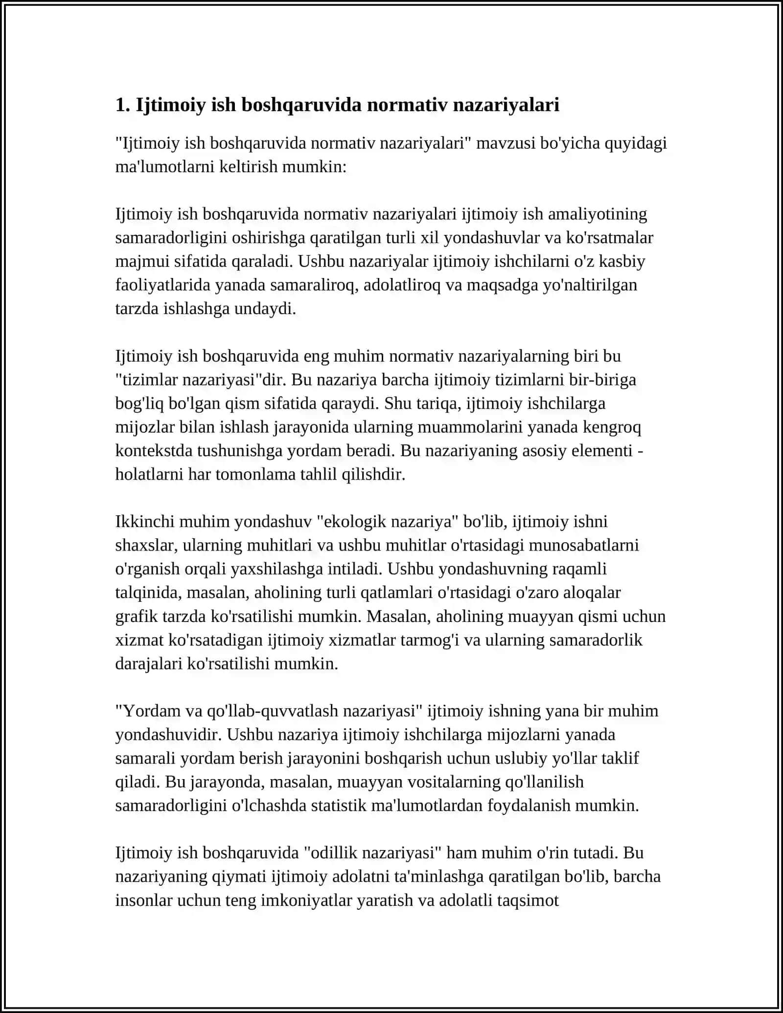 MUSTAQIL ISH Mavzu: IJTIMOIY ISH BOSHQARUVIDA QO'LLANILADIGAN NAZARIY QARASHLAR 4