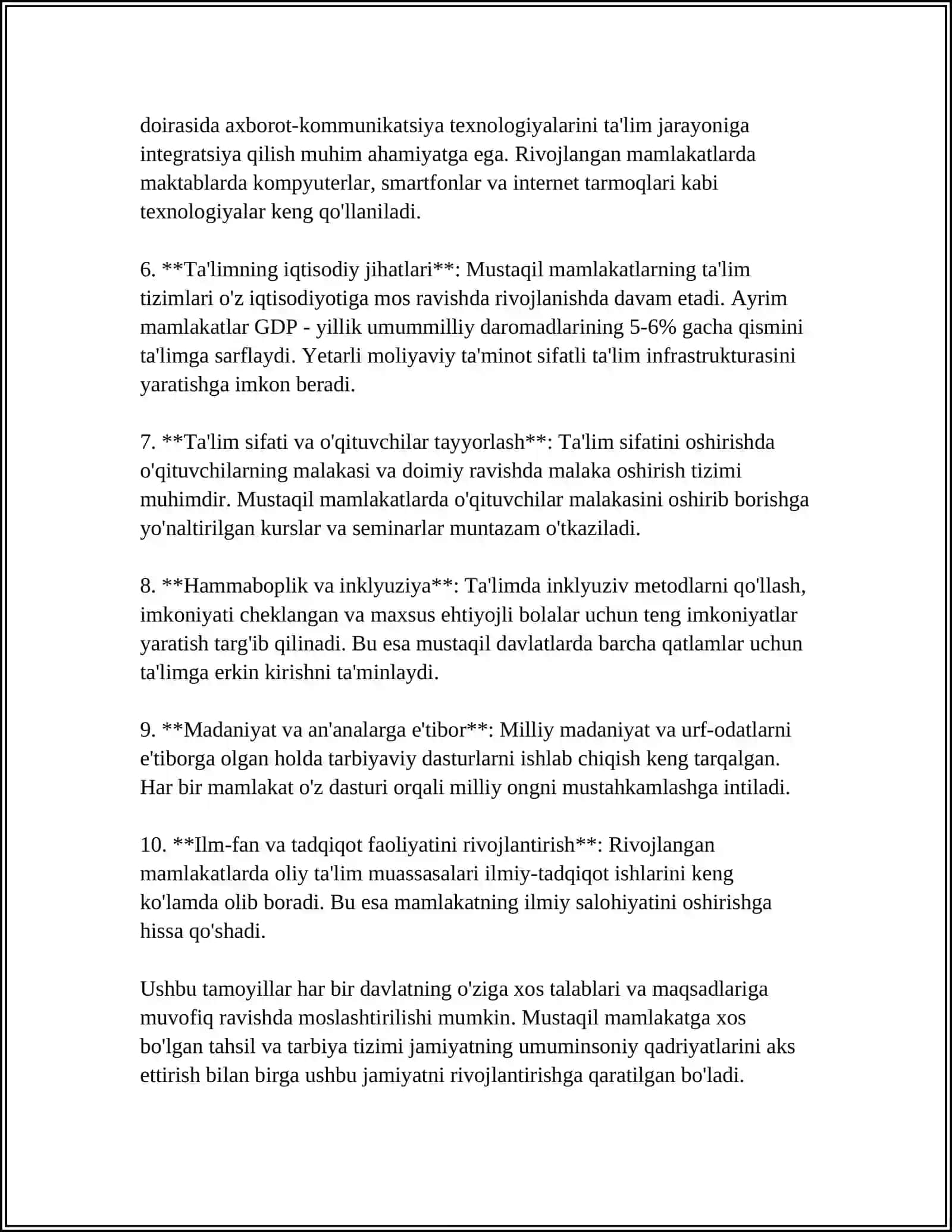 MAMLAKATNING TARBIYAVIY TIZIMI UNING MUSTAQILLIK, MILLIY TARAQQIYOT YO'LI 4