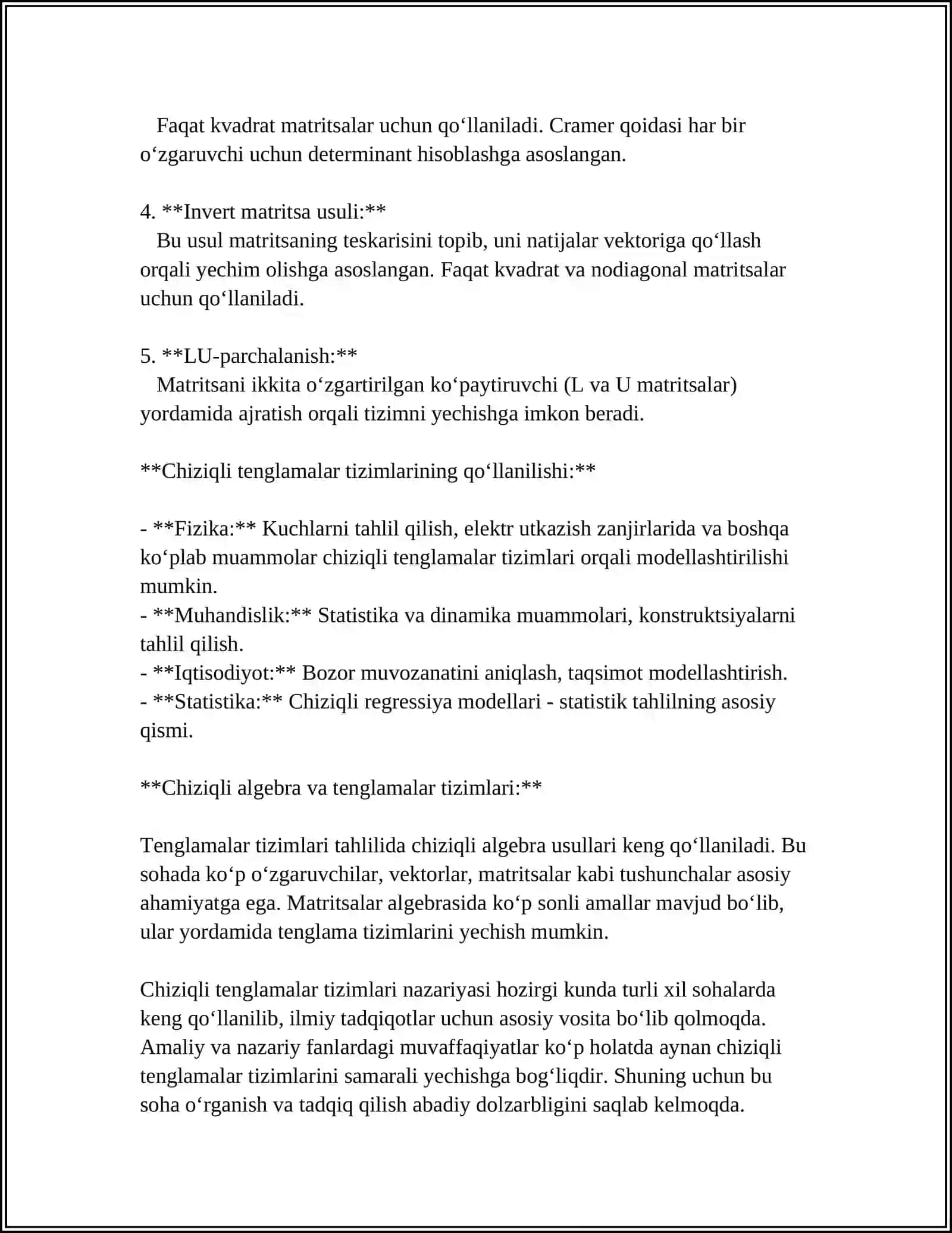 CHIZIQLI TENGLAMALAR SISTEMASINI TEKSHIRISHI. KRONEKER-KAPELLI TEOREMASI. MATRITSALAR ALGEBRA DINING IQTISODIY MASALARNI YECHISH YONALISHI 4