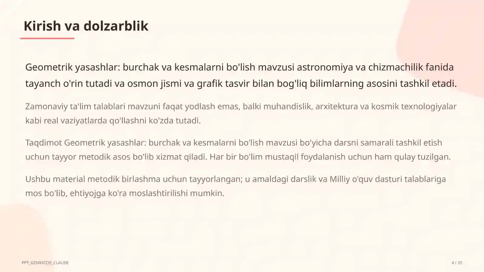 Geometrik yasashlar: burchak va kesmalarni bo'lish (8-sinf) 4